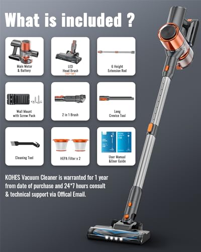 KOHES Cordless Vacuum Cleaner with LED Display, 6-in-1 Lightweight Stick Vacuum, 45 Mins Max Runtime, 2200 mAh Battery, Powerful Rechargeable Vacuum Cleaner for Hard Floor Carpet Pet Hair Home