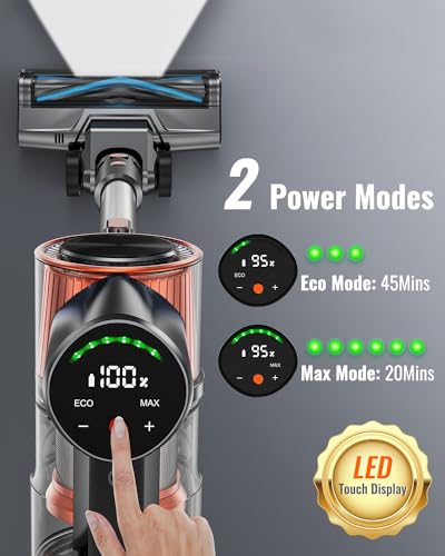 KOHES Cordless Vacuum Cleaner with LED Display, 6-in-1 Lightweight Stick Vacuum, 45 Mins Max Runtime, 2200 mAh Battery, Powerful Rechargeable Vacuum Cleaner for Hard Floor Carpet Pet Hair Home