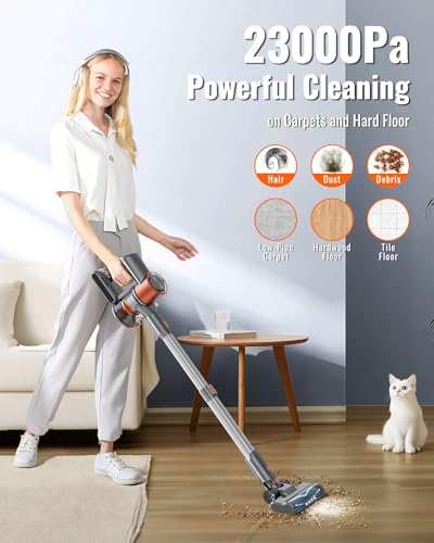 KOHES Cordless Vacuum Cleaner with LED Display, 6-in-1 Lightweight Stick Vacuum, 45 Mins Max Runtime, 2200 mAh Battery, Powerful Rechargeable Vacuum Cleaner for Hard Floor Carpet Pet Hair Home