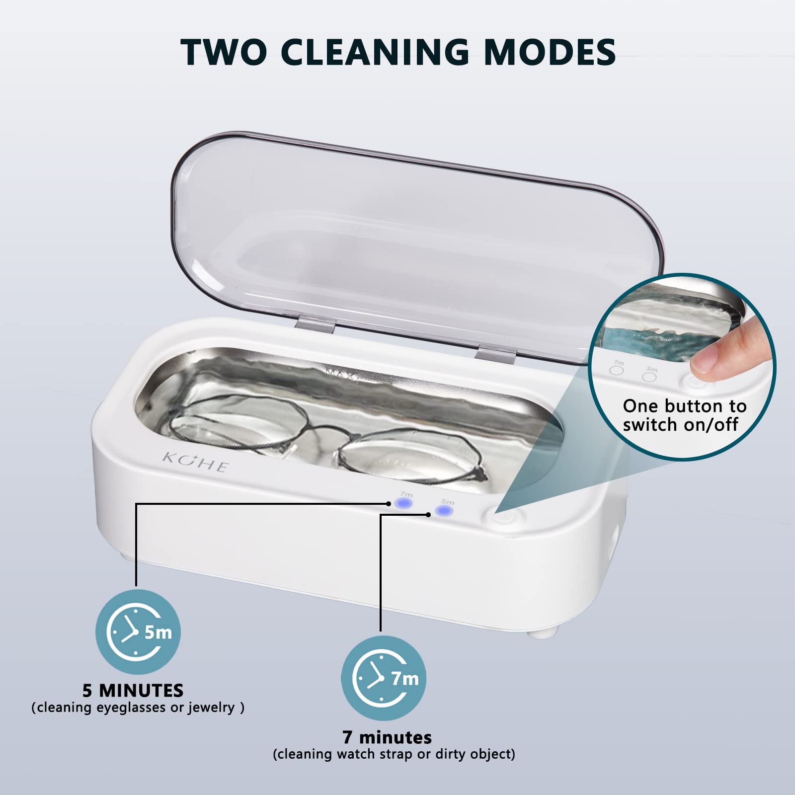 KOHE Ultrasonic Cleaner Jewelry Cleaner Machine - 48Khz Silver Cleaner, Ultrasonic Cleaner Machine for Eye Glasses, Ring, Earring, Necklaces, Watch Strap, Makeup Brush, 304 Stainless Steel Tank with 12OZ