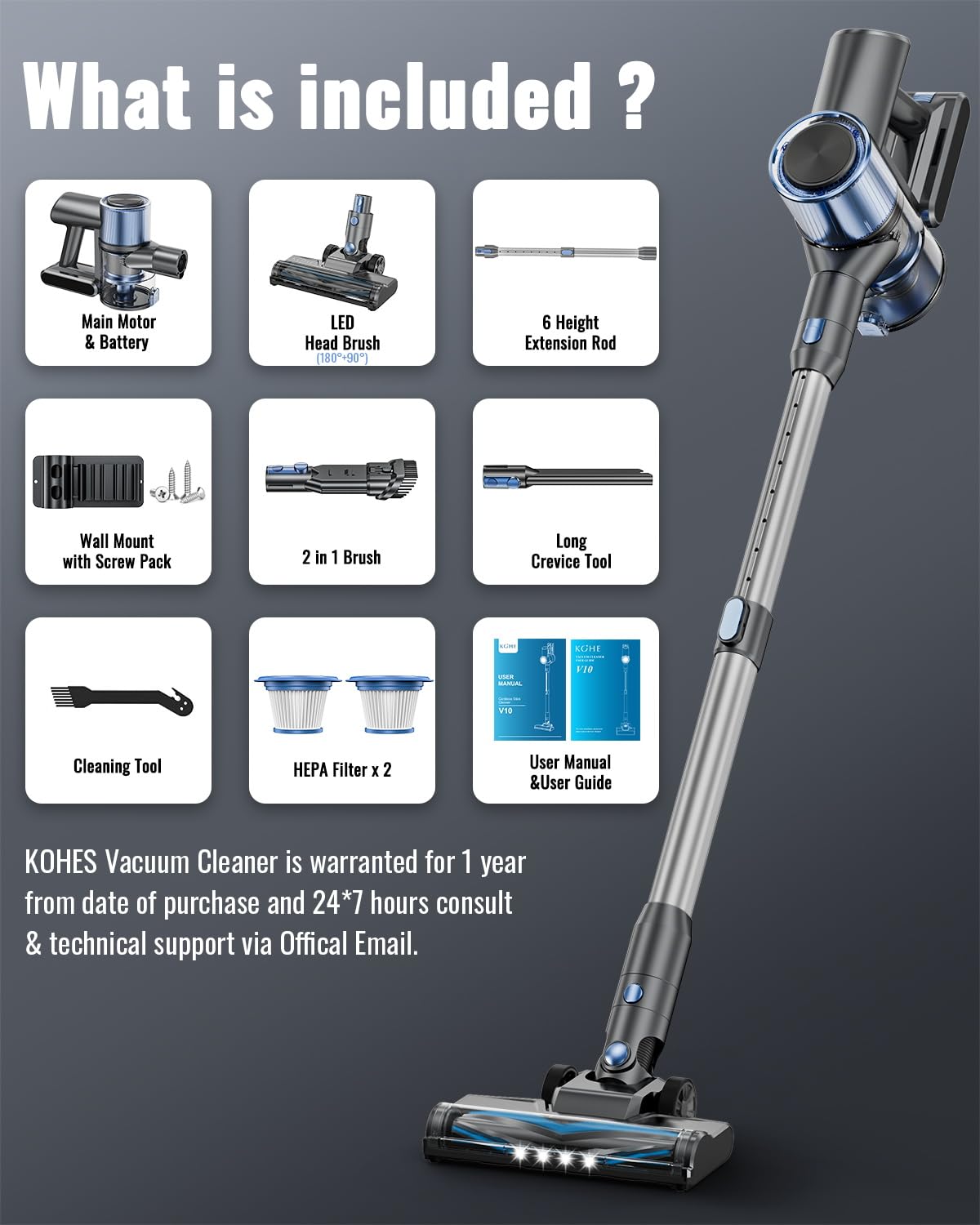 KOHE Cordless Vacuum Cleaner, 6-in-1 Stick Vacuum, 45 Mins Max