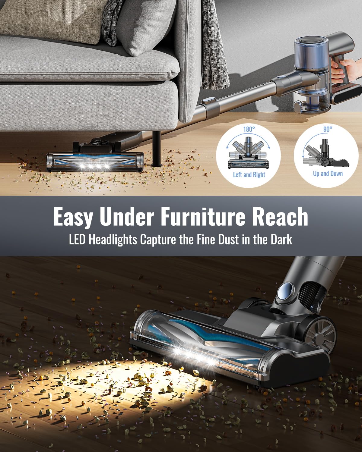 KOHES Cordless Vacuum Cleaner with LED Display, 6-in-1 Lightweight Stick Vacuum, 45 Mins Max Runtime, 2200 mAh Battery, Powerful Rechargeable Vacuum Cleaner for Hard Floor Carpet Pet Hair Home